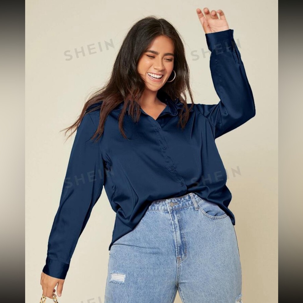 NEW SHEIN Plus Solid Button Up Satin Shirt
